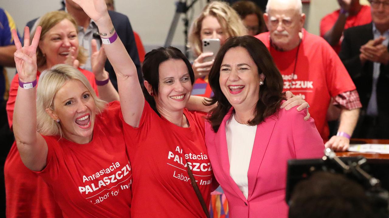 Annastacia Palaszczuk celebrates with her sisters Julia and Nadia on arrival to the election after party, Blue Fin Fishing Club, Inala. Photographer: Liam Kidston.