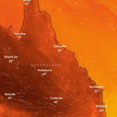 It could get to 46C in outback Queensland this week while the state's southeast will swelter in the mid-30s. Picture: Windy