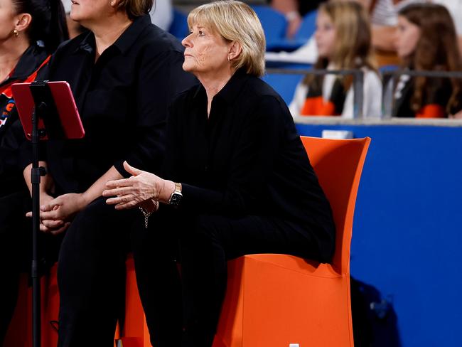 Giants coach, Julie Fitzgerald watches during her sides’ win over the Thunderbirds. Picture: Brendon Thorne/Getty Images