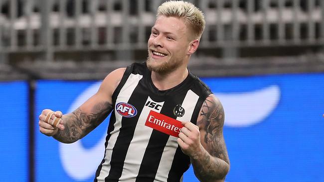 Jordan De Goey was all smiles after he led the Pies past the Cats. Picture: Getty Images