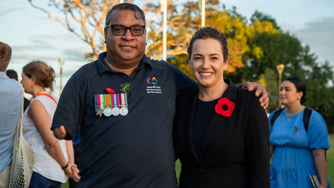 Dr Richard Fejo and Chief Minister Lia Finocchiaro on Anzac Day. Picture: Pema Tamang Pakhrin