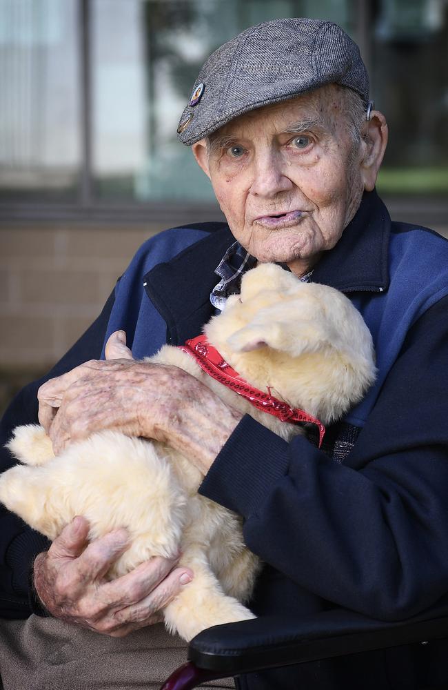 stroke survivor Keith Griffiths, 95, with Lewy, a member of the TUH frailty intervention team who was recruited to help care for patients living with Alzheimer's disease or dementia. Picture: Supplied