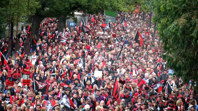 Essendon fans descend on Melbourne's CBD for their ‘Walk to the MCG’ in support of the banned players at the start of the 2016 season. Picture: Alex Coppel