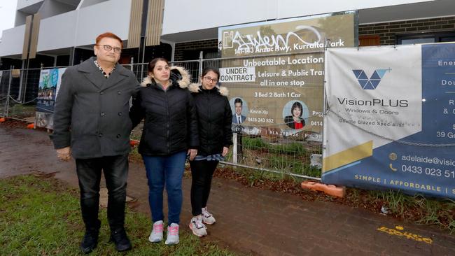 Prameykant Kakkad, wife Tejal Kakkad and daughter Dhairya Kakkad outside the Kurralta Park development. Picture: Dean Martin