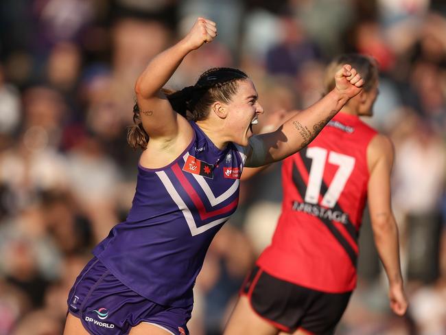 PERTH, AUSTRALIA – NOVEMBER 09: Orlagh Lally of the Dockers celebrates a goal during the AFLW Elimination Final match between Fremantle Dockers and Essendon Bombers at Fremantle Oval, on November 09, 2024, in Perth, Australia. (Photo by Paul Kane/AFL Photos/via Getty Images)