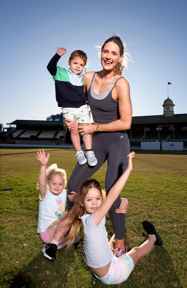 Creek to Coast presenter Kimberley Busteed and her kids L to R, Evelyn, Jack, Victoria Simpson at RNA Showgrounds, Bowen Hills, Wednesday 24th August 2022. Picture: Steve Pohlner