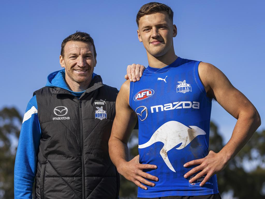 AFL legend Brent Harvey with his son, Cooper, who made his AFL debut for the Kangaroos last season. (Photo by Daniel Pockett/Getty Images)