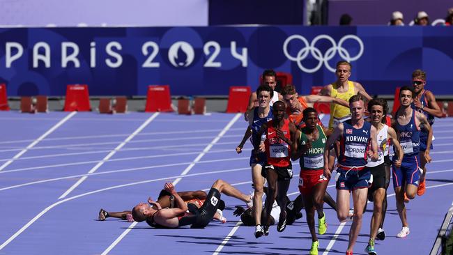 George Mills goes down in the straight. (Photo by Al Bello/Getty Images)