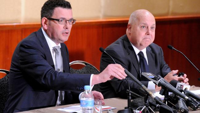 Daniel Andrews (left) and Treasurer Tim Pallas at the announcement of their decision to not to compensate the developers of the East West tunnel.