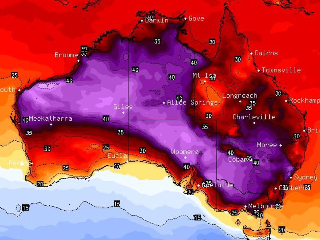 High pressure is scooping up desert air and depositing it in the country’s south east. Picture: BSCH.