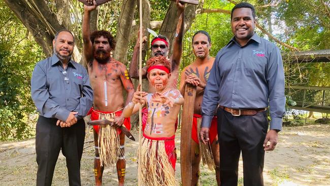 Djabugay Aboriginal Corporation chairman William Duffin, Tjapukai dancers Andrew Duffin, Rodrick Newbury, Tristan Brim (in front) and Jeffrey Hunter, and Djabugay Aboriginal Corporation's Dennis Hunter. Picture: Supplied