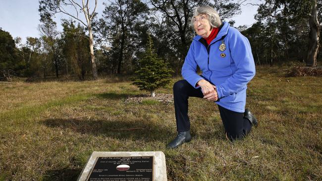 Helen Hartley next to her great uncles Arthur Fowler’s plaque on the Soldiers Memorial Avenue, Queens Domain. Picture: CHRIS KIDD