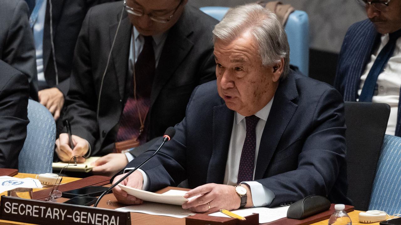 UN Secretary-General Antonio Guterres speaks during a United Nations Security Council meeting on Gaza. Picture: Yuki Iwamura/AFP