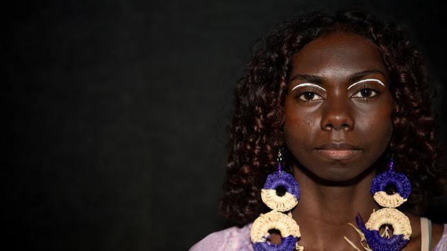 Cindy Rostron at the 2024 Country to Couture at the Darwin Convention Centre showcases hand-designed First Nations fashion. Picture: Pema Tamang Pakhrin