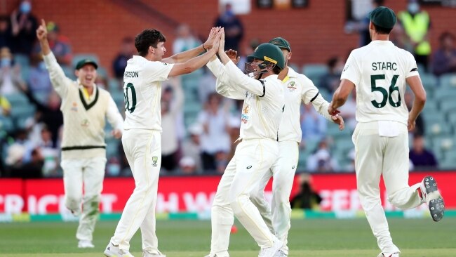 Australia celebrates after the shock end to Jos Buttler’s innings. Picture: Getty Images