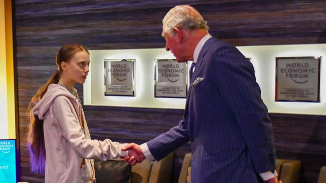 Prince Charles, Prince of Wales, greeting Swedish climate activist Greta Thunberg at the World Economic Forum (WEF) annual meeting in Davos, on January 22, 2020. Picture: AFP