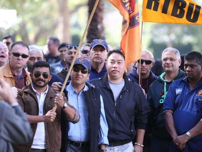 Striking bus drivers outside Parliament House. Pic: John Grainger