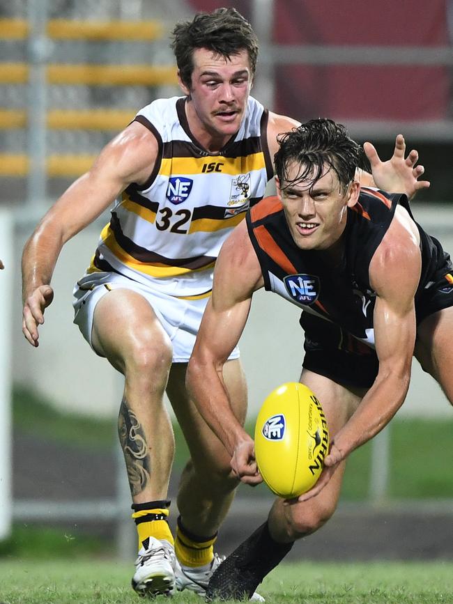 Connor Stackelberg (left) of the Aspley Hornets in the NEAFL. Picture: Felicity Elliott