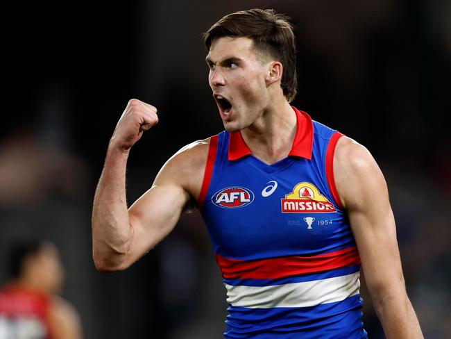 Sam Darcy enjoys a goal during the Bulldogs’ win over Melbourne. Picture: Michael Willson/AFL Photos via Getty Images