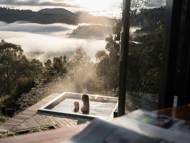 The hot tub with a view at Orchards Nest in Tasmania's Huon Valley. For TasWeekend. Picture: OSCAR2