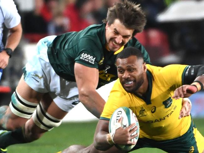 JOHANNESBURG, SOUTH AFRICA - JULY 20: Samu Kerevi of Australia tackled by Eben Etzebeth of the Springboks during the The Rugby Championship match between South Africa and Australia at Emirates Airline Park on July 20, 2019 in Johannesburg, South Africa. (Photo by Lee Warren/Gallo Images/Getty Images)