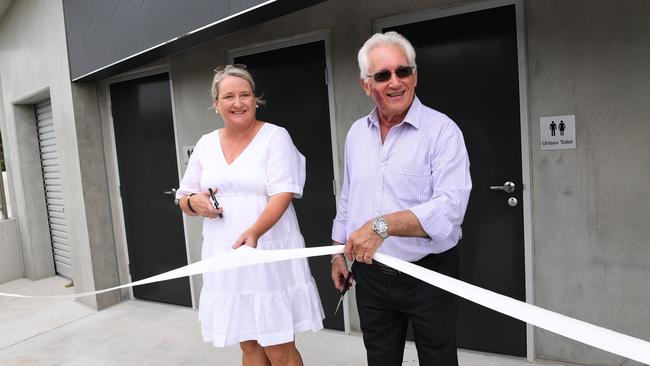 Lord Mayor Kon Vatskalis with Carmen King from Cullen Bay Marine Corp, open the new $500K Cullen Bay Beach toilets. Picture Katrina Bridgeford.