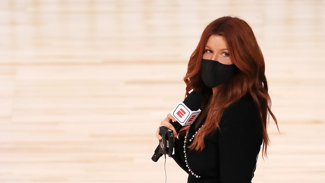 LAKE BUENA VISTA, FLORIDA - JULY 31: ESPN reporter Rachel Nichols stands on the court before a game between the Houston Rockets and the Dallas Mavericks at The Arena at ESPN Wide World Of Sports Complex on July 31, 2020 in Lake Buena Vista, Florida. NOTE TO USER: User expressly acknowledges and agrees that, by downloading and or using this photograph, User is consenting to the terms and conditions of the Getty Images License Agreement. (Photo by Mike Ehrmann/Getty Images)