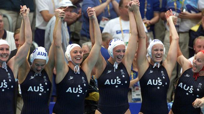 The Australian women’s water polo team celebrate their Sydney 2000 gold medal. Picture: Gregg Porteous