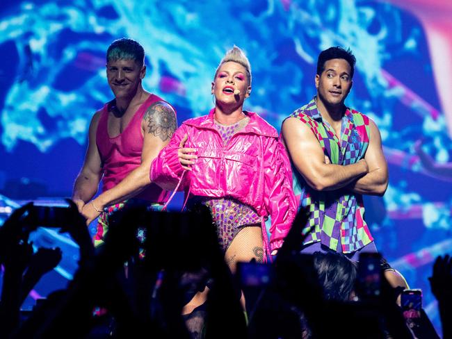 US singer Alecia Hart AKA P!nk performs on stage in Paris. (Photo by Anna KURTH / AFP)