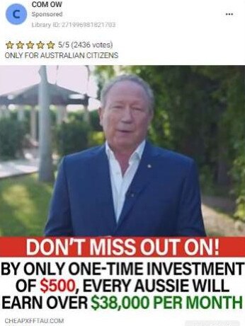 Australian billionaire Andrew "Twiggy" Forrest was the victim of five new scam ads published on Meta’s platforms every single day. Supplied