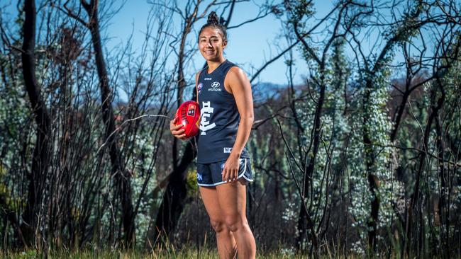 AFLW star Darcy Vescio among the recovering bushland. Picture: Jake Nowakowski