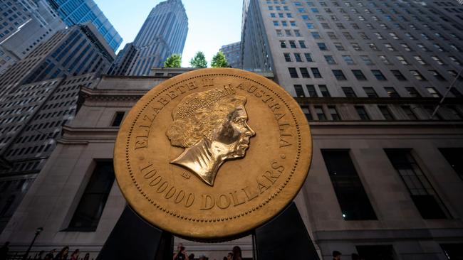 A gold coin produced by Perth Mint and on display at the New York Stock Exchange in 2019. Picture: AFP