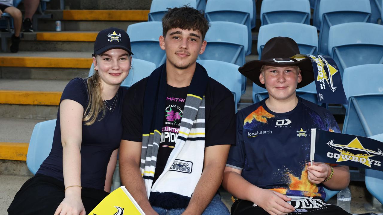 Zoe Burton, Tyler Batten and Zac Burton attend the NRL preseason match between the North Queensland Cowboys and the Dolphins, held at Barlow Park. Picture: Brendan Radke