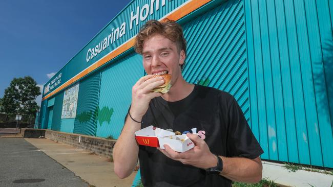 Tyler Bell is keen to get his hands on a Big Mac at the proposed new McDonald’s for Casuarina. Picture: Glenn Campbell