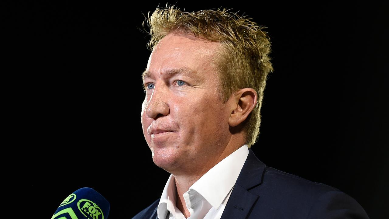 MACKAY, AUSTRALIA - SEPTEMBER 17: Coach Trent Robinson of the Roosters is interviewed prior to the NRL Semi-Final match between Manly Sea Eagles and Sydney Roosters at BB Print Stadium on September 17, 2021 in Mackay, Australia. (Photo by Matt Roberts/Getty Images)