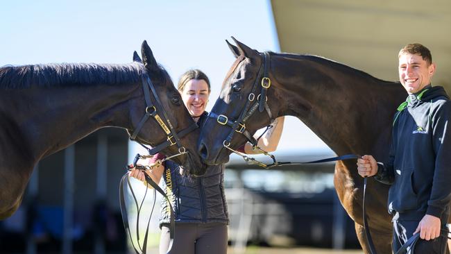 Pride Of Jenni and her strapper Sammie Waters with Antino and his regular trackwork rider Baylee Nothdurft ahead of Saturday’s Doomben Cup. Picture: Michael McInally