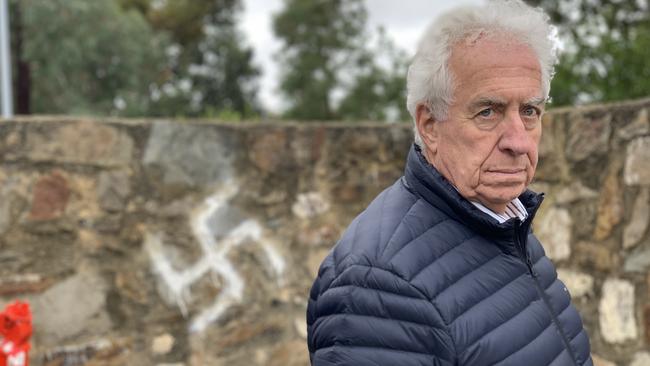 Jewish Community Council of SA government and public liaison Norman Schueler condemns the Nazi swastika graffiti on Chessington Ave behind Frewville Foodland. Picture: Tara Miko