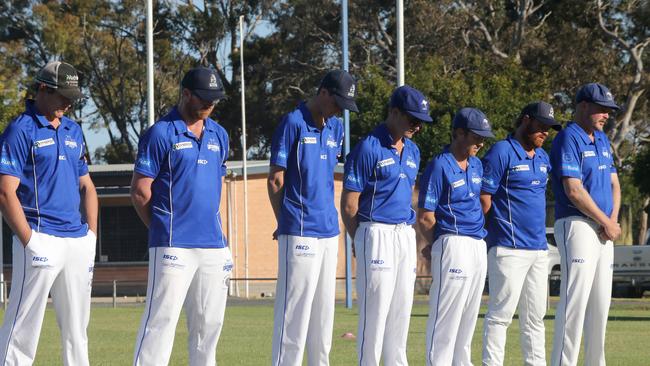 The cricket players hold a minute’s silence for Jason Doig. Picture: NCA NewsWire / Dean Martin