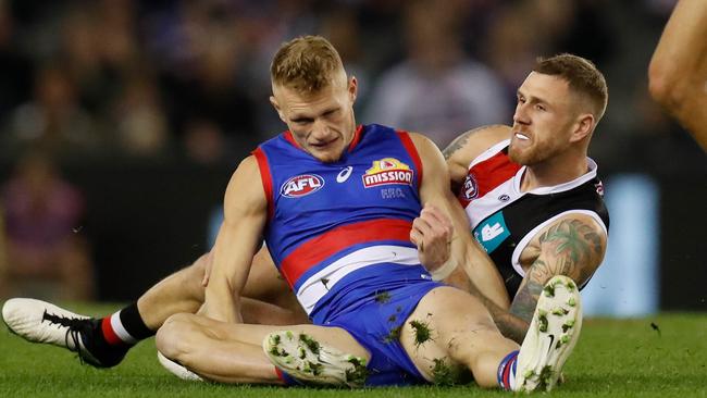 An ankle injury spelt the end of Treloar’s night on Saturday. Picture: Michael Willson/AFL Photos via Getty Images