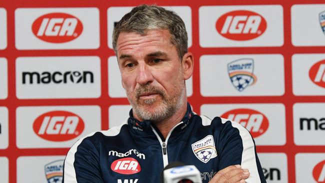 United head coach Marco Kurz speaks to the media at Coopers stadium in Hindmarsh, Adelaide. Thursday, March 14, 2019. (AAP Image/David Mariuz) NO ARCHIVING, EDITORIAL USE ONLY