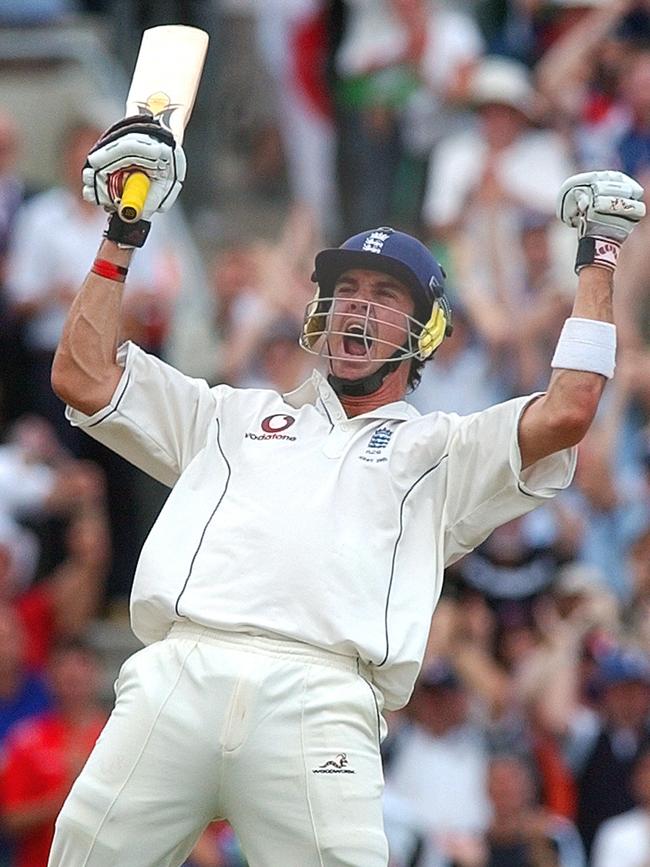 Kevin Pietersen celebrates after reaching 100 runs on the fifth day of the 5th test match between England and Australia in September 2005. Picture: AP