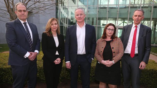 ABC managing director David Anderson, left, Free TV Australia chief executive Bridget Fair, Nine chief executive Hugh Marks, SBS director of corporate affairs Clare O’Neil and News Corp Australia’s group executive for corporate affairs, policy and government relations Campbell Reid in Canberra yesterday. Picture: Kym Smith