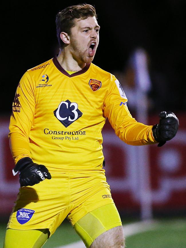 Bulleen Lions goalkeeper Wyatt Chant celebrates a save.