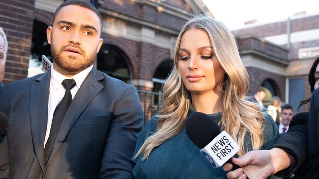 Dylan Walker and Alexandra Ivkovic walking out of Manly Local Court in May.