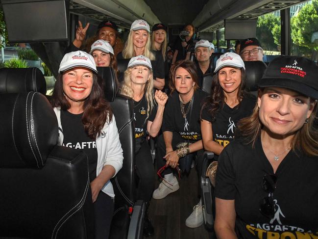 SAG-AFTRA president Fran Drescher with Frances Fisher and SAG-AFTRA secretary-treasurer Joely Fisher travels on the bus with guild members to picket lines. Picture: AFP