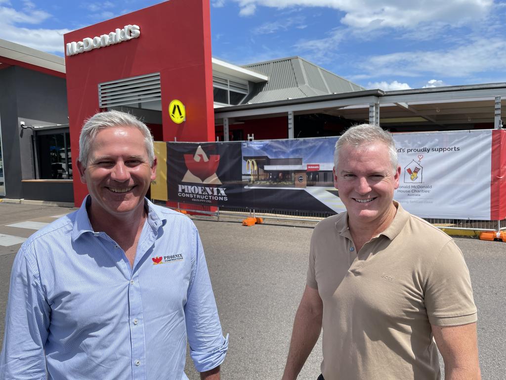 Phoenix Constructions director Nathan Evennett and McDonald’s Townsville licensee Paul Rissman in front of the construction site at McDonalds Lakes. Picture: Leighton Smith.