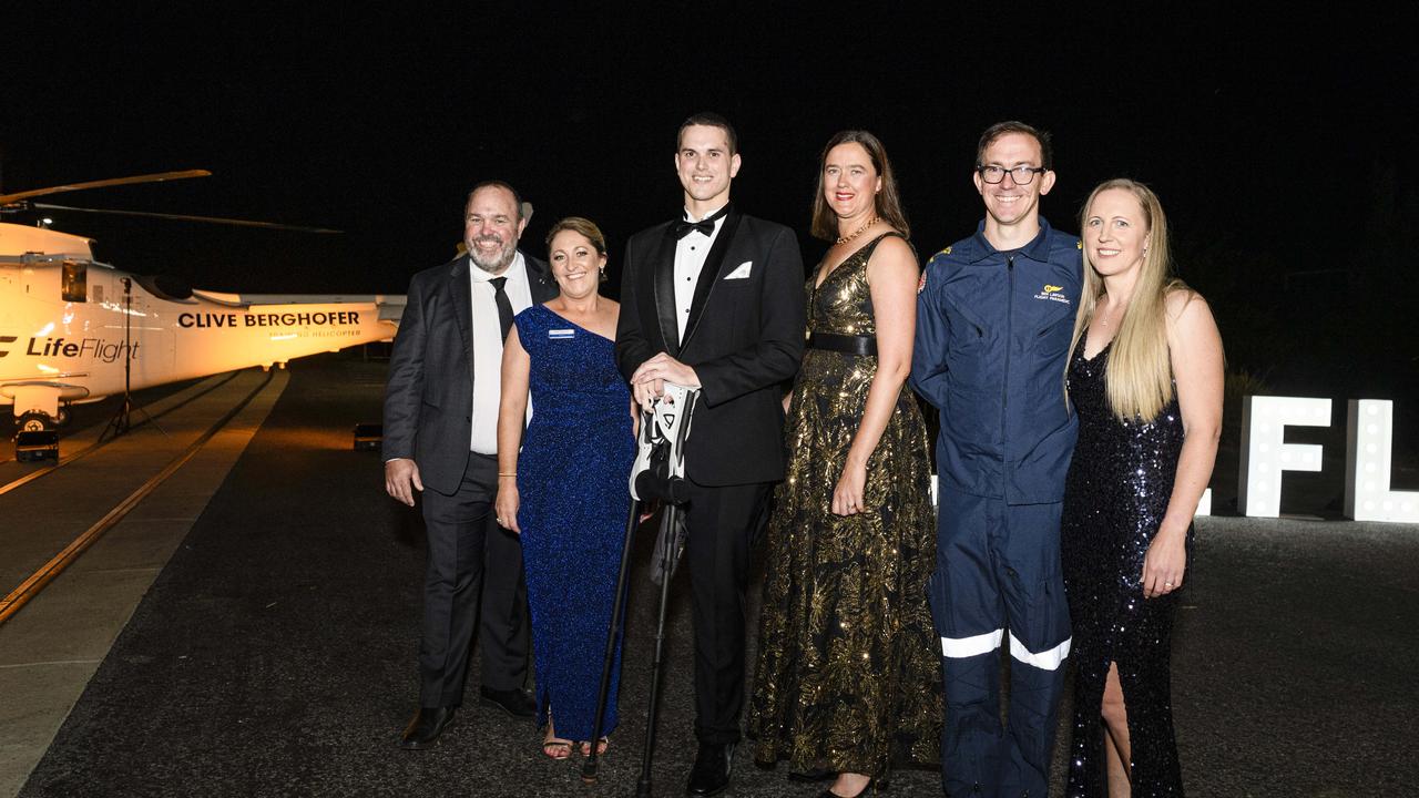 At the LifeFlight Toowoomba Gala are (from left) Barry O'Sullivan, Emily O'Sullivan, Zach Nightingale, April Cavanagh, Ben Lawson and Sarah Lawson at The Goods Shed, Saturday, May 24, 2025. Picture: Kevin Farmer