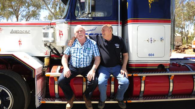 Old truckers Ted Bushby, who has been driving for 45 years, and Ray Scott have not seen each other for 40 years and were reunited at the Road Transport Hall of Fame before Mr Scott’s death. Picture: Justin Brierty