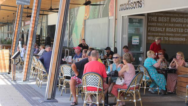 Crowds at the Broadbeach cafes. Picture Glenn Hampson