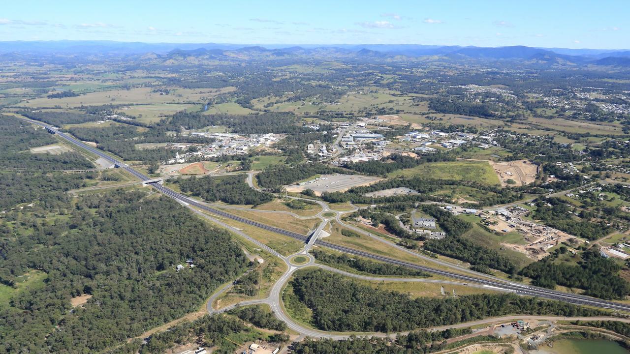 An aerial shot of the Flood Road interchange of the Gympie Bypass.